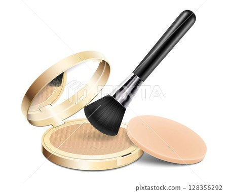 Compact powder with brush applicator and sponge. Round gold case with mirror. Cushion face foundation case. 3d vector realistic cosmetics isolated on white background. Mockup for branding and ads. 128356292