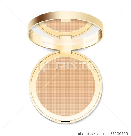 Compact powder in round gold case with mirror. Cushion face foundation case. 3d vector realistic cosmetics isolated on white background. Mockup for branding and ads. Top view on opened plastic box. 128356293