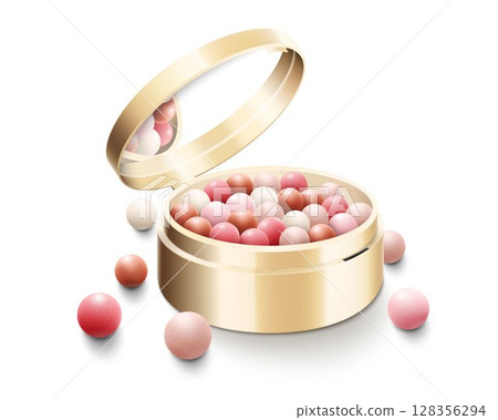 Blusher balls, powder balls in round gold case with mirror, colorful blush balloons, realistic 3d vector illustration, isolated on white background. Decorative cosmetics for beauty. 128356294