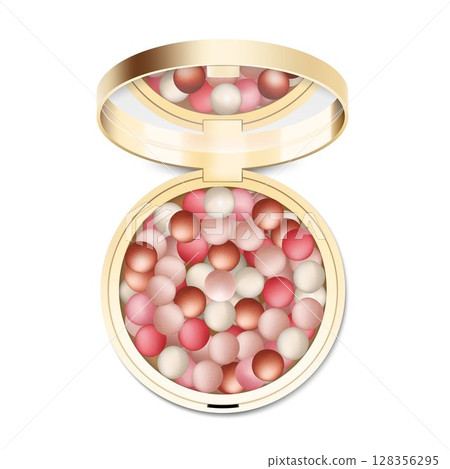 Blush balls, powder balls in round gold case with mirror, colorful blush balloons, realistic 3d vector illustration, isolated on white background. Decorative cosmetics for beauty. 128356295