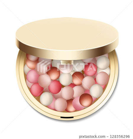 Blush balls, powder balls in round gold case with mirror, colorful blush balloons, realistic 3d vector illustration, isolated on white background. Decorative cosmetics for beauty. 128356296