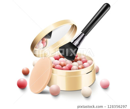 Blush balls with brush and sponge in round gold case with mirror, colorful powder balloons, realistic 3d vector illustration, isolated on white background. Cosmetics for beauty. Blush balls with brush and sponge in round gold case with mirror, colorful powder balloons, realistic 3d vector illustration, isolated on white background. Cosmetics for beauty. 128356297