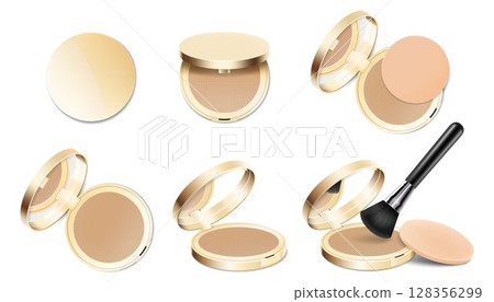 Set of face cosmetic makeup powder in gold round plastic case with mirror, with powder brush and sponge. Realistic 3d vector illustration, Isolated on White Background Set of face cosmetic makeup powder in gold round plastic case with mirror, with powder brush and sponge. Realistic 3d vector illustration, Isolated on White Background 128356299