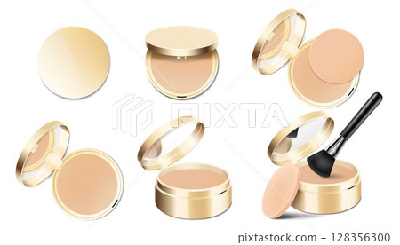 Set of face cosmetic makeup powder in gold round plastic case with mirror, with powder brush and sponge. Realistic 3d vector illustration, Isolated on White Background Set of face cosmetic makeup powder in gold round plastic case with mirror, with powder brush and sponge. Realistic 3d vector illustration, Isolated on White Background 128356300
