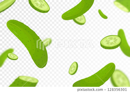 Falling cucumbers isolated on transparent background. Flying whole and sliced cucumbers vegetable with blurry effect. Can be used for advertising, packaging, banner, poster, print. vector flat design 128356301