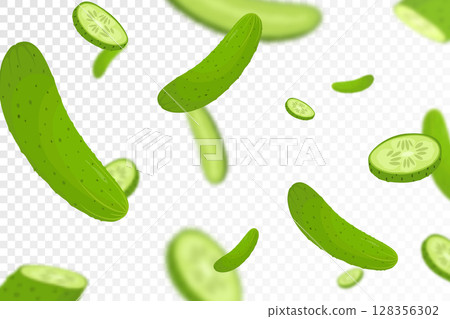 Falling cucumbers isolated on transparent background. Flying whole and sliced cucumbers vegetable with blurry effect. Can be used for advertising, packaging, banner, poster, print. vector flat design 128356302