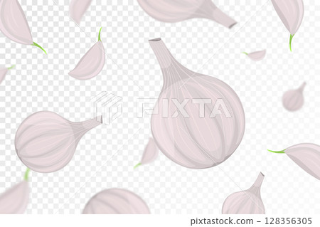 Falling garlic isolated on transparent background. Flying whole and garlic clove with blurry effect. Can be used for advertising, packaging, banner, poster, print. vector flat design 128356305