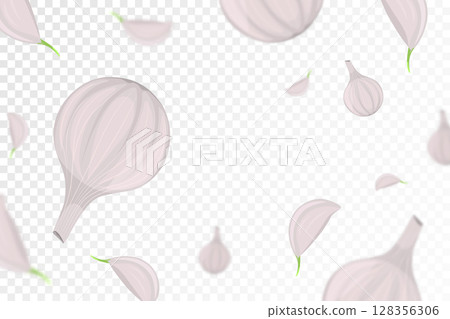 Falling garlic isolated on transparent background. Flying whole and garlic clove with blurry effect. Can be used for advertising, packaging, banner, poster, print. vector flat design 128356306