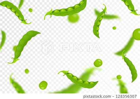 Green pea background. Flying or falling fresh green pea isolated on transparent background. Can be used for advertising, packaging, banner, poster, print. Flat design. Vector illustration 128356307