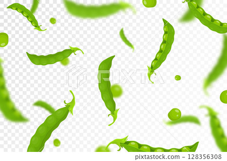 Green pea background. Flying or falling fresh green pea isolated on transparent background. Can be used for advertising, packaging, banner, poster, print. Flat design. Vector illustration Green pea background. Flying or falling fresh green pea isolated on transparent background. Can be used for advertising, packaging, banner, poster, print. Flat design. Vector illustration 128356308