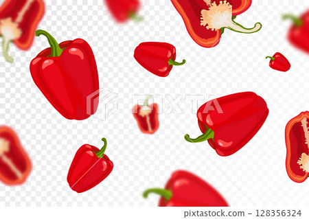 Bell pepper background. Flying or falling sweet pepper isolated on transparent background. Can be used for advertising, packaging, banner, poster, print. Flat design. Vector illustration Bell pepper background. Flying or falling sweet pepper isolated on transparent background. Can be used for advertising, packaging, banner, poster, print. Flat design. Vector illustration 128356324
