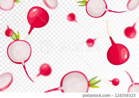 Radish background. Flying or falling fresh radish isolated on transparent background. Can be used for advertising, packaging, banner, poster, print. Flat design. Nature product. Vector illustration Radish background. Flying or falling fresh radish isolated on transparent background. Can be used for advertising, packaging, banner, poster, print. Flat design. Nature product. Vector illustration 128356325