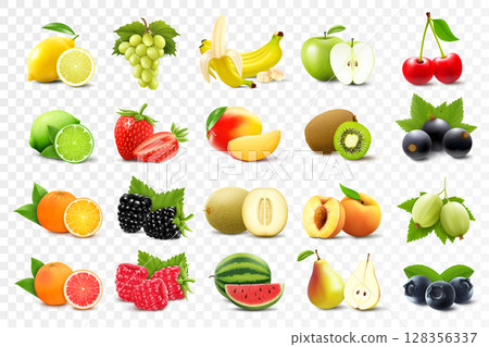 Realistic set of various kinds of fruits with orange, kiwi, pear, lemon, grapes, strawberries, currants, peach, lime, grapefruit, appl?, isolated on transparent background, 3d vector illustration 128356337