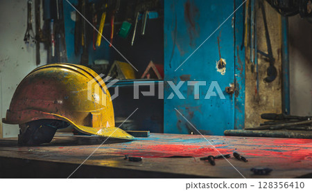A yellow helmet on a workbench / A tranquil scene symbolizing safety and labor on a construction site 128356410