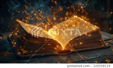 An open spellbook with glowing flames and spells 128356519