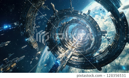 A giant ring-shaped space city floating in space 128356531