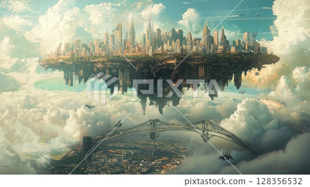 A fantasy landscape of a city floating in the sky and a town reversing 128356532