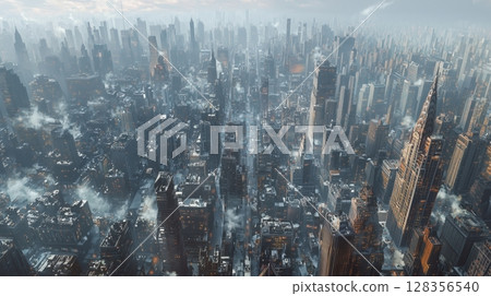 A city of skyscrapers shrouded in mist A city of skyscrapers shrouded in mist 128356540