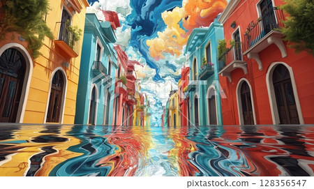 A fantastical cityscape and sky with rippling colors 128356547
