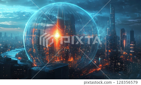 一座被發光能量穹頂籠罩的城市 128356579