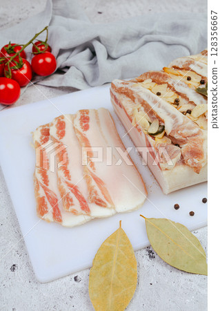 Raw pork fat with garlic. Salo. lard. Raw pork fat with garlic. Salo. lard. 128356667