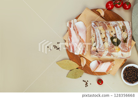 Traditional Ukrainian salo with spices and herbs 128356668