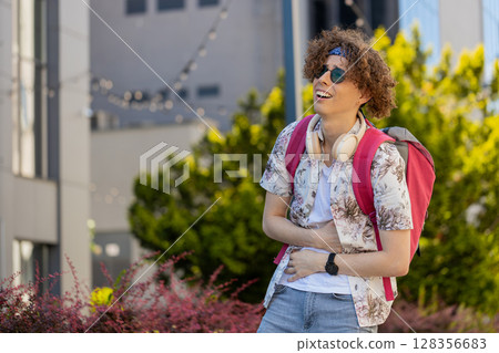 Young tourist man feeling sudden strong abdominal stomach ache, gastritis problem poisoning diarrhea 128356683