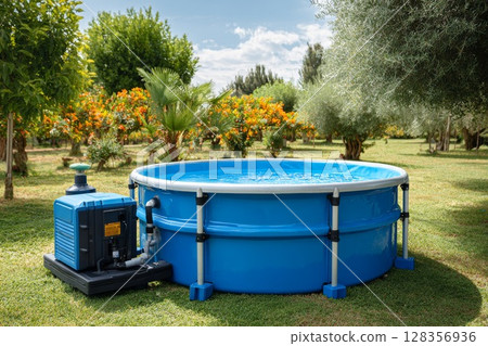 Above-ground swimming pool with pump in a lush garden surrounded by vibrant trees and greenery Above-ground swimming pool with pump in a lush garden surrounded by vibrant trees and greenery 128356936