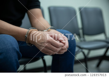 Man in handcuffs sitting on chair in waiting area, conveying tension and uncertainty in atmosphere 128357013