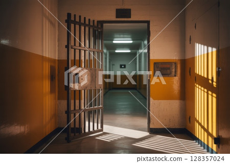 Open prison cell door revealing empty corridor with bright lighting and contrasting wall colors 128357024