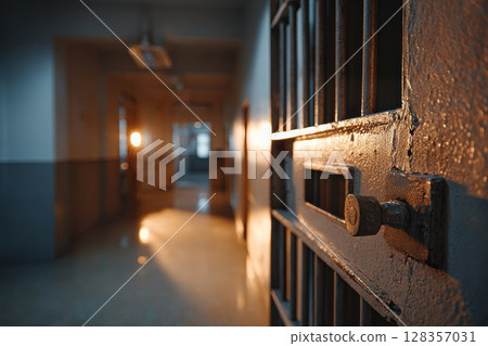 Industrial prison corridor with an open cell door and warm light illuminating the hallway 128357031