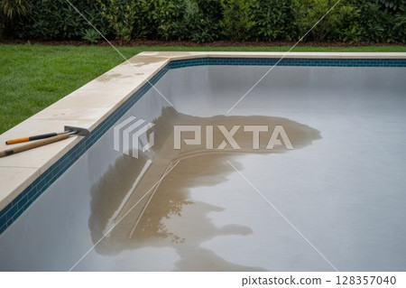 Empty swimming pool under construction with tools and green landscaping in the background 128357040