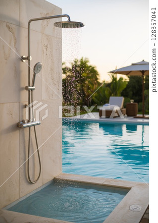 Outdoor shower with modern design beside luxurious swimming pool and tropical landscape view 128357041