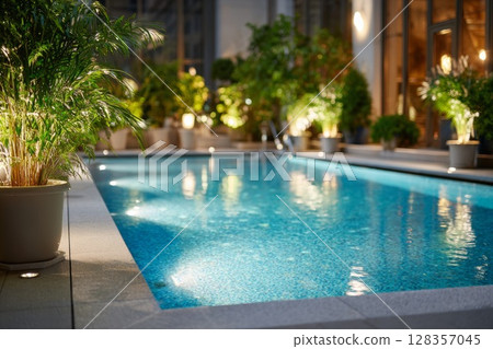 Serene swimming pool surrounded by lush greenery and ambient lighting for relaxation and leisure 128357045