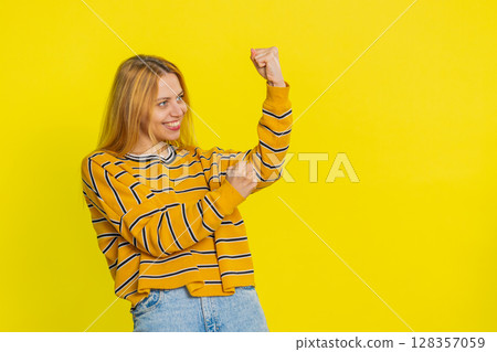 Happy Caucasian woman celebrate success winning birthday lottery jackpot goal achievement good news Happy Caucasian woman celebrate success winning birthday lottery jackpot goal achievement good news 128357059