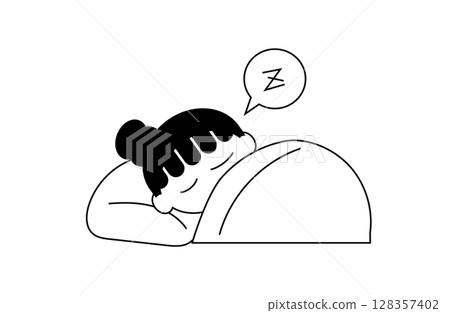 熟睡的女孩的線條畫（黑白，床） 128357402