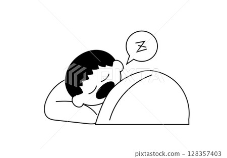 熟睡的男孩的線條畫（黑白，床） 128357403