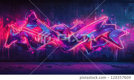 帶有霓虹燈的賽博龐克塗鴉壁畫 帶有霓虹燈的賽博龐克塗鴉壁畫 128357609