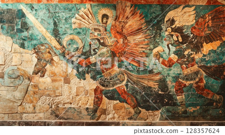 Ruins of mythological murals depicting Aztec warriors 128357624
