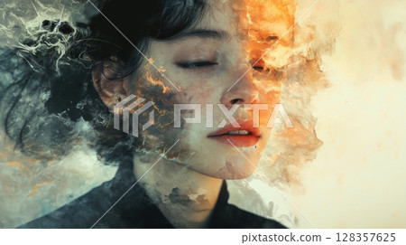 Fantasy portrait of a woman combining emotion and fire 128357625