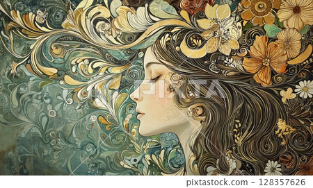 Art Nouveau goddess with flowers and flowing hair 128357626