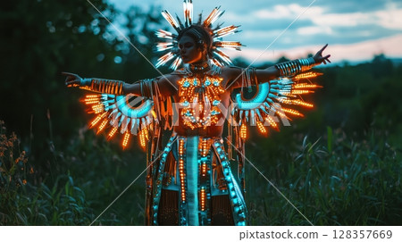 身著未來禮服、帶有發光羽毛裝飾的人物 128357669