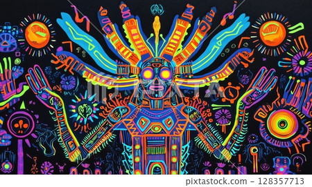 Cyber spirituality depicting a neon mystical ritual 128357713