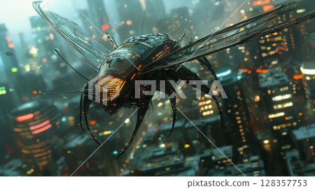 Futuristic insect drones fly over cities Futuristic insect drones fly over cities 128357753