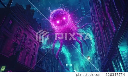 當一個神秘的紫色發光生物出現在城市時 128357754