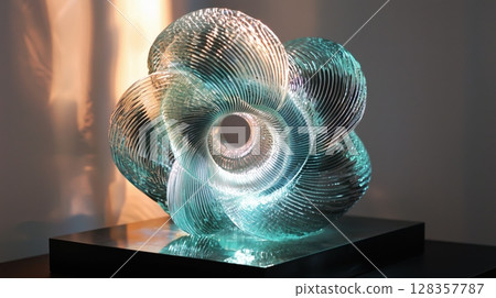 A futuristic 3D sculpture with a loop structure wrapped in light A futuristic 3D sculpture with a loop structure wrapped in light 128357787