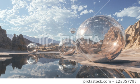 漂浮在未來城市中的透明資訊球 128357795