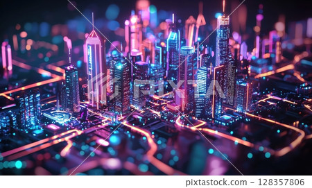 霓虹燈閃爍的未來智慧城市全景 128357806