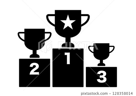 Black and white illustration of 1st, 2nd and 3rd place trophies and podium Black and white illustration of 1st, 2nd and 3rd place trophies and podium 128358014