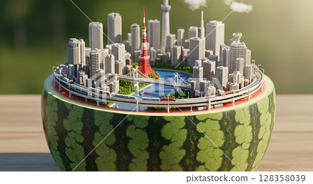 Model of a city built on watermelon Model of a city built on watermelon 128358039